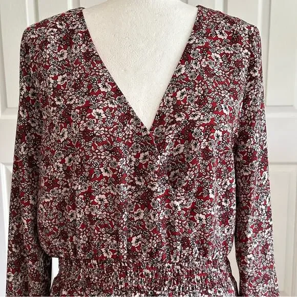 Nine Britton Dress Annika Red Burgundy Floral V-Neck Long Sleeve Tiered Large - Picture 3 of 13